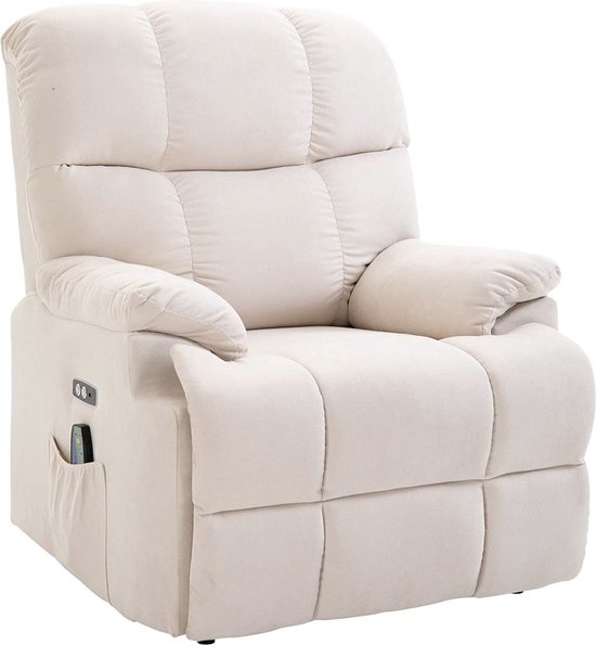 Mara Luxe Massagestoel - Relaxstoel - Opstahulp - Warmtefunctie - Lig en trilfunctie - USB import - Afstandsbediening - Beige - Pluche - 94 x 96 x 104 cm