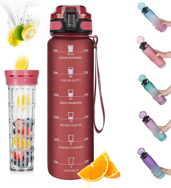 Babyflesje - 1L met fruitcontainer waterfles met theezeef fruitrecept waterfles voor student, kantoor, sporters, kinderen, fitness