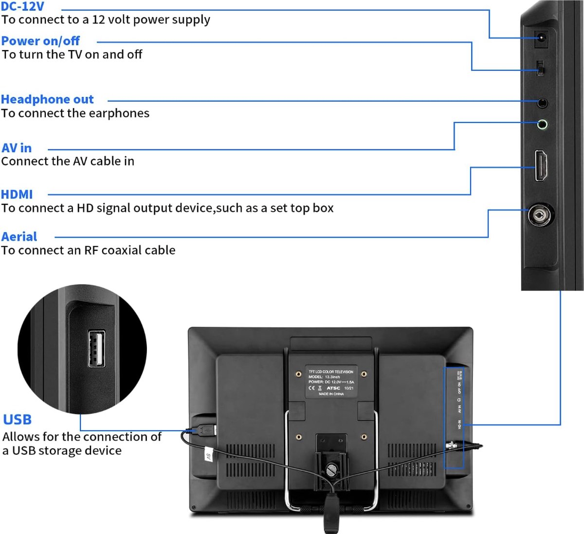 Mini TV portable KCR 14.0" avec tuner TV numérique DVB-T2/batterie USB,  entrée HDMI... | bol