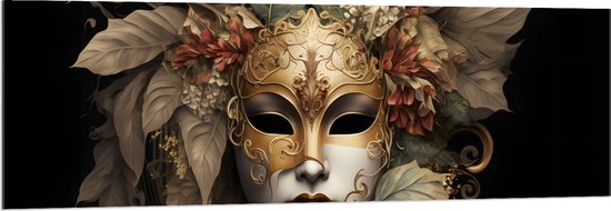 Acrylglas - Venetiaanse carnavals Masker met Gouden en Beige Details tegen Zwarte Achtergrond - 150x50 cm Foto op Acrylglas (Met Ophangsysteem)