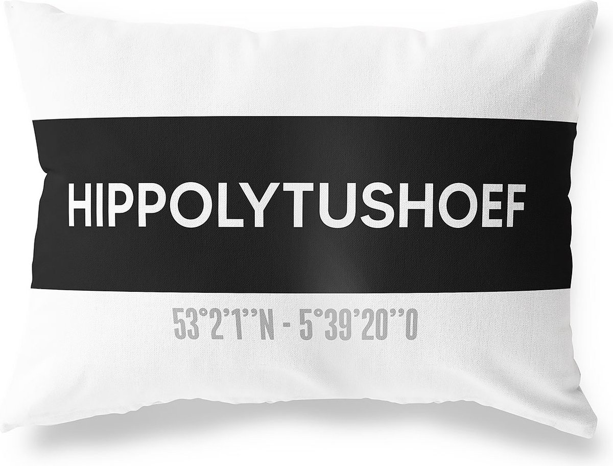 Tuinkussen HIPPOLYTUSHOEF - NOORD-HOLLAND met coördinaten - Buitenkussen - Bootkussen - Weerbestendig - Jouw Plaats - Studio216 - Modern - Zwart-Wit - 50x30cm