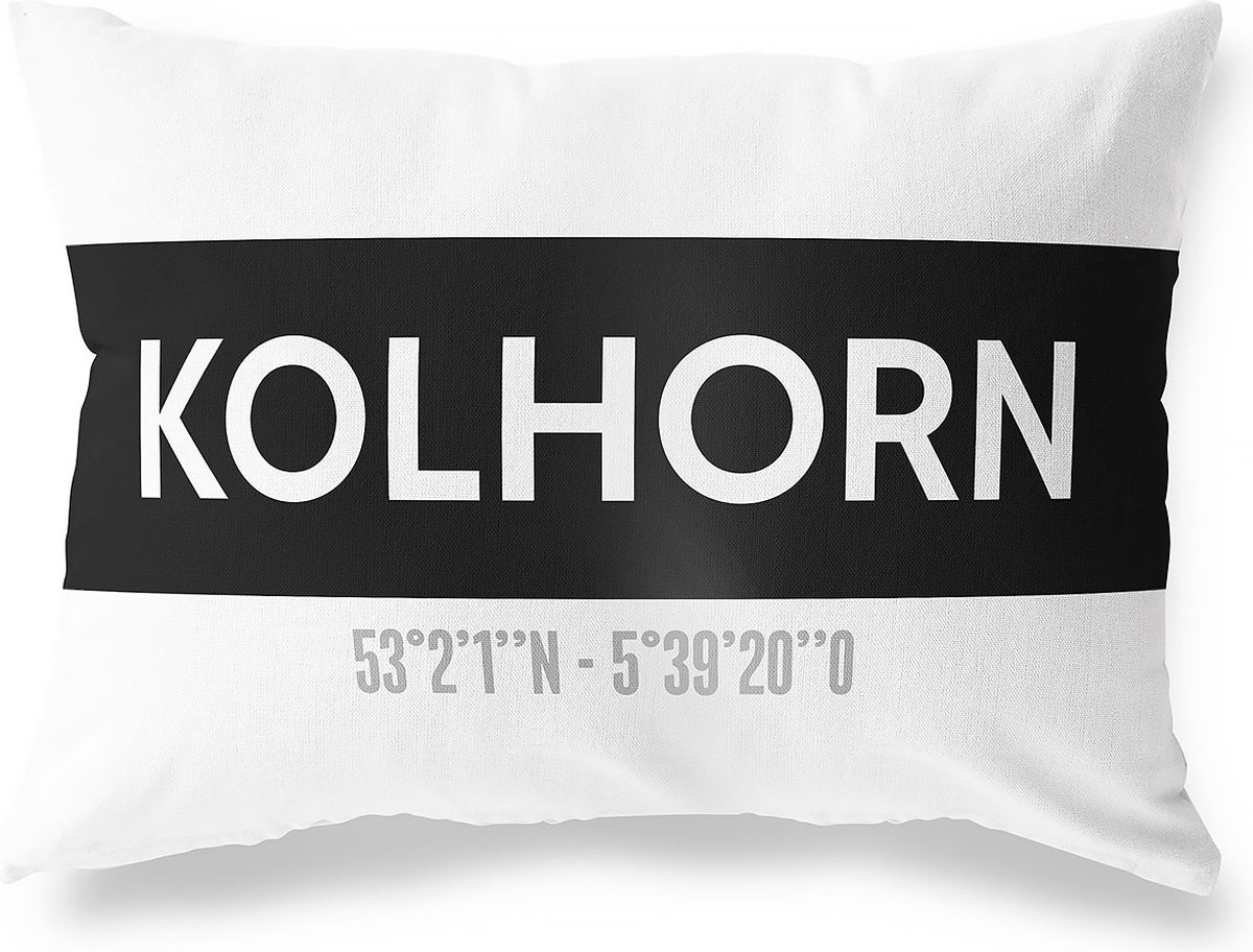 Tuinkussen KOLHORN - NOORD-HOLLAND met coördinaten - Buitenkussen - Bootkussen - Weerbestendig - Jouw Plaats - Studio216 - Modern - Zwart-Wit - 50x30cm