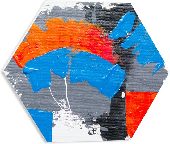 PVC Schuimplaat Hexagon - Oranje, Rode Blauwe en Grijze Verfvlekken op Witte Achtergrond - 40x34.8 cm Foto op Hexagon (Met Ophangsysteem)