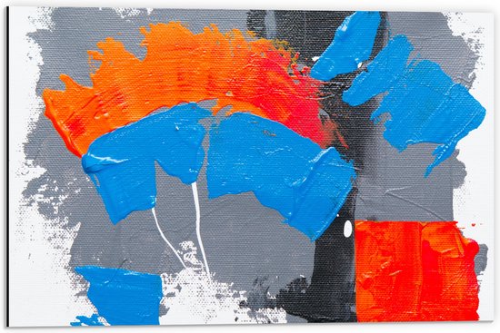 Dibond - Oranje, Rode Blauwe en Grijze Verfvlekken op Witte Achtergrond - 60x40 cm Foto op Aluminium (Met Ophangsysteem)