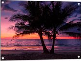 Tuinposter – Twee Palmbomen op het Strand langs de Zee bij Zonsondergang - 80x60 cm Foto op Tuinposter (wanddecoratie voor buiten en binnen)
