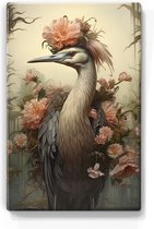Kraanvogel met roze bloemen 1 - Laqueprint - 19,5 x 30 cm - Niet van echt te onderscheiden handgelakt schilderijtje op hout - Mooier dan een print op canvas. - LP348