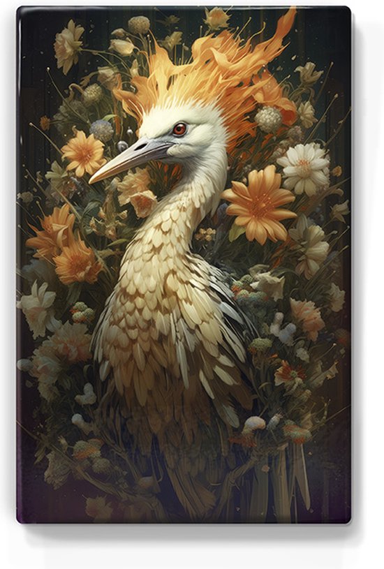 Witte kraanvogel met vlammen en bloemen - Laqueprint - 19,5 x 30 cm - Niet van echt te onderscheiden handgelakt schilderijtje op hout - Mooier dan een print op canvas. - LP332
