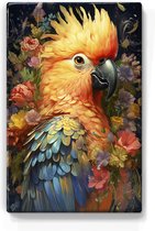 Blauwe papegaai met bloemen 2 - Laqueprint - 19,5 x 30 cm - Niet van echt te onderscheiden handgelakt schilderijtje op hout - Mooier dan een print op canvas. - LP335