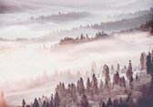 Fotobehang - Vlies Behang - Mistige Landschap met Bomen - Bos in de Mist - 254 x 184 cm