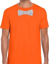 Oranje fun t-shirt met vlinderdas in glitter zilver heren - Koningsdag shirt met strikje XXL
