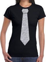 Zwart fun t-shirt met stropdas in glitter zilver dames XL