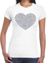 Zilveren hart glitter t-shirt wit dames - dames shirt hart van zilver M
