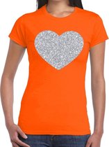 Zilveren hart glitter t-shirt oranje dames XS