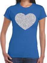Zilveren hart glitter t-shirt blauw dames L