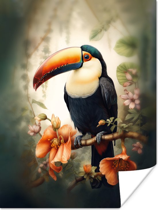 Poster Toucan - Vogel - Fleurs - Plantes - 30x40 cm
