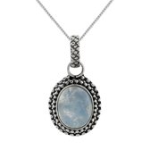 Zilveren ketting dames met hanger | Zilveren ketting, ovale maansteen met rand van bolletjes