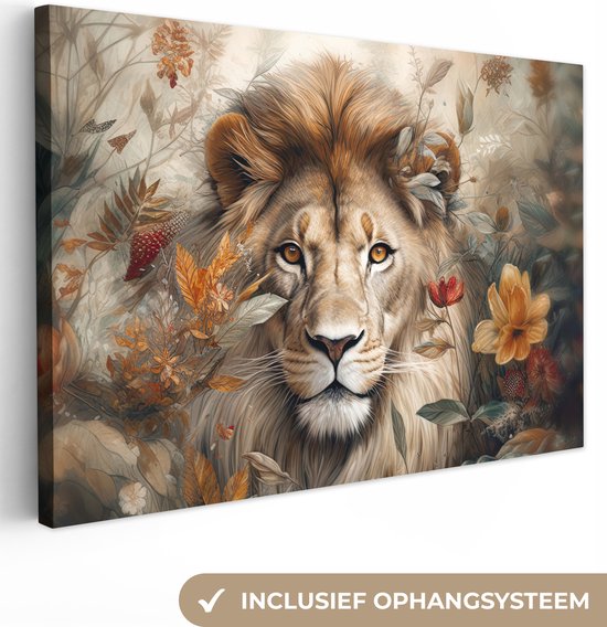 Canvas Schilderij Leeuw - Wilde dieren - Planten - Natuur - Bloemen - Wanddecoratie