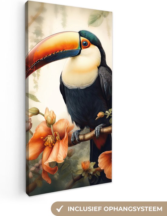 Canvas Schilderij Toekan - Vogel - Bloemen - Planten - 20x40 cm - Wanddecoratie