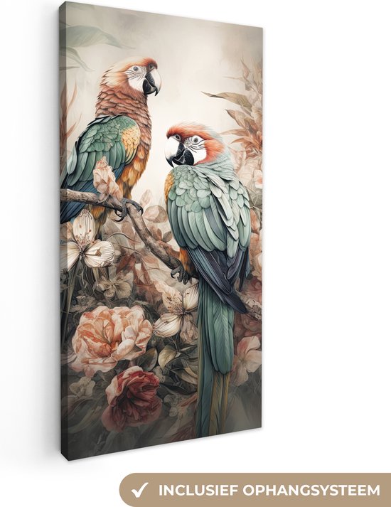 Canvas Schilderij Papegaaien - Vogels - Natuur - Bloemen - Wanddecoratie