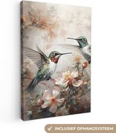 Canvas Schilderij Kolibrie - Vogels - Bloemen - Planten - 80x120 cm - Wanddecoratie