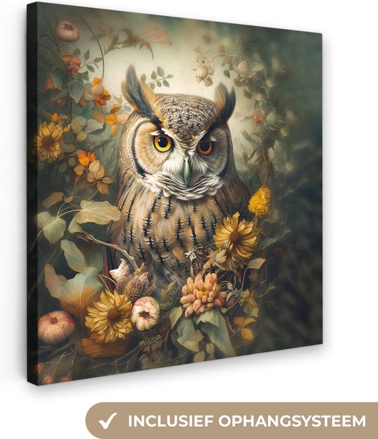 Canvas Schilderij Uil - Vogels - Bloemen - Natuur - Wanddecoratie