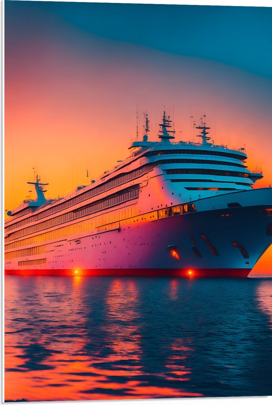 PVC Schuimplaat - Enorm Cruiseschip Varend over het Water tijdens Zonsondergang - 50x75 cm Foto op PVC Schuimplaat (Met Ophangsysteem)