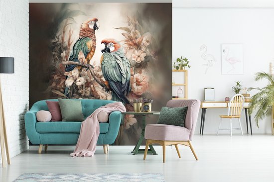 Behang - Fotobehang Papegaaien - Vogels - Natuur - Bloemen - Breedte 350 cm x hoogte 350 cm