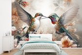 Behang - Fotobehang Kolibrie - Vogels - Bloemen - Natuur - Breedte 390 cm x hoogte 260 cm