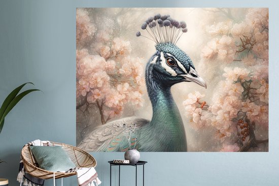 Muurstickers - Sticker Folie - Pauw - Vogels - Bloemen - Boom - Botanisch - 160x120 cm - Plakfolie - Muurstickers Kinderkamer - Zelfklevend Behang XXL - Zelfklevend behangpapier - Stickerfolie