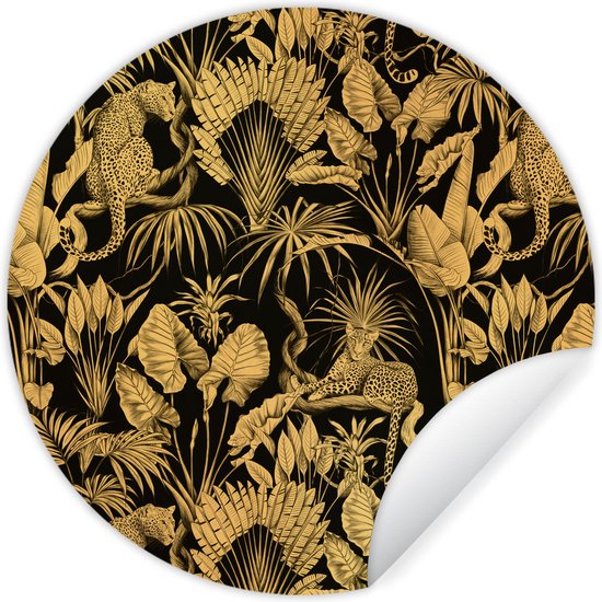 WallCircle - Stickers muraux - Cercle Papier Peint - Jungle - Or - Motifs - Luxe - Noir et Or - 30x30 cm - Cercle Mural - Auto Adhésif - Sticker Papier Peint Rond