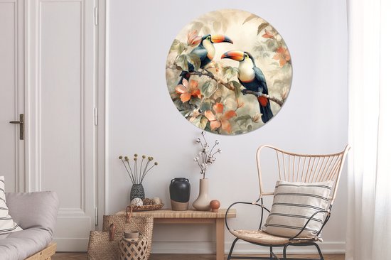 WallCircle - Wandcirkel 120x120 - Toekan - Vogels - Bloemen - Tak - Ronde schilderijen woonkamer - Wandbord rond - Muurdecoratie cirkel - Kamer decoratie binnen - Wanddecoratie muurcirkel - Woonaccessoires XXL
