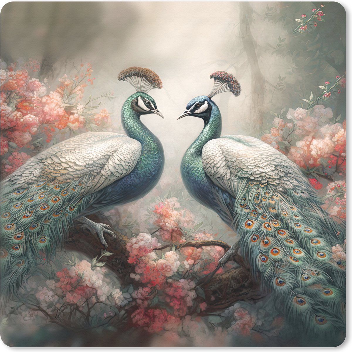 Muismat XXL 50x50 cm - Bureau onderlegger - Bureau mat Pauwen - Pauwenveren - Vogels - Bloemen - Natuur - Bureaumat - Gaming mousepad xl - Bureaulegger groot - Computer deskmat