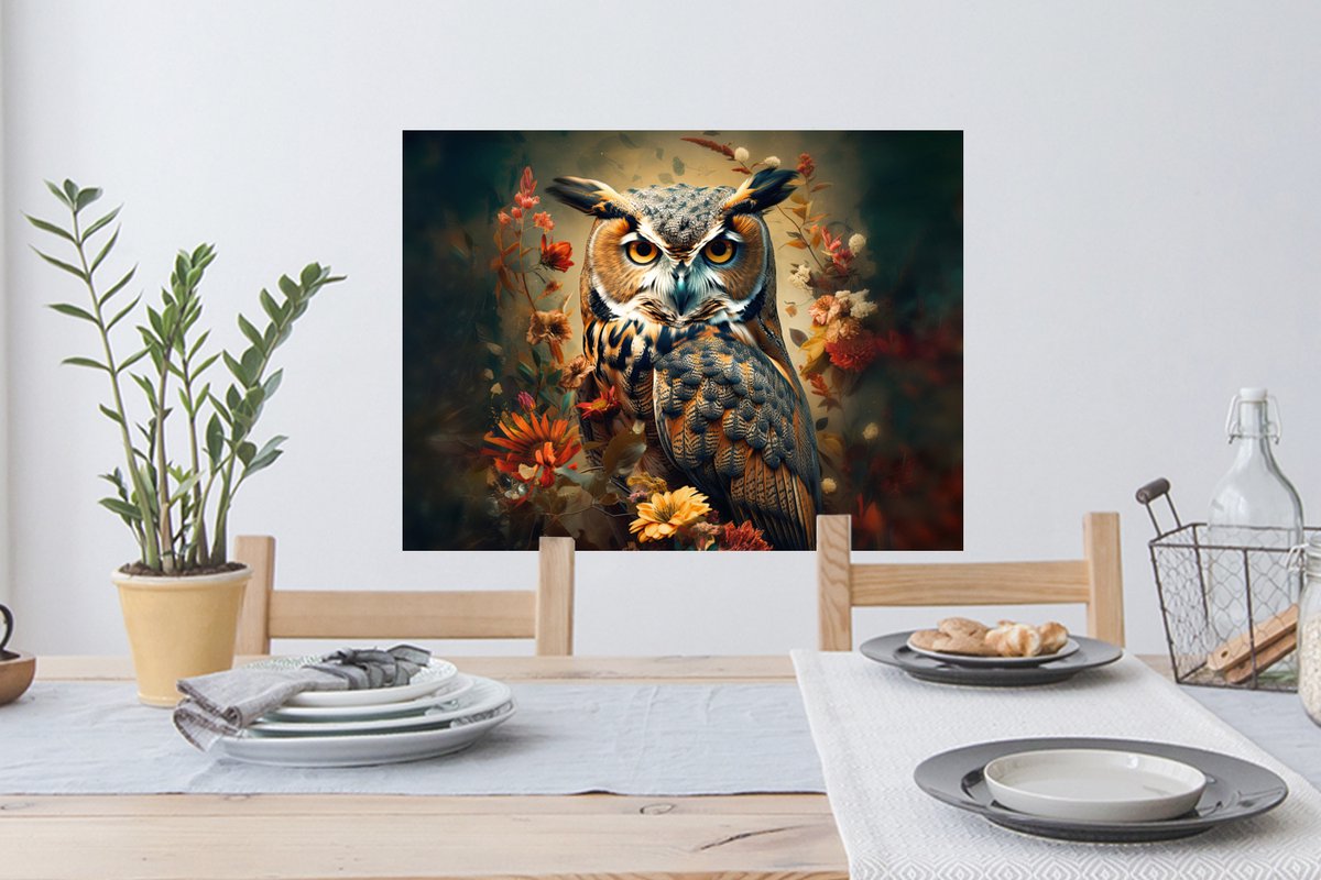 Muurstickers - Sticker Folie - Uil - Vogel - Bloemen - Planten - Botanisch - 80x60 cm - Pl