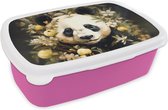 Broodtrommel Roze - Lunchbox - Brooddoos - Panda - Pandabeer - Wilde dieren - Natuur - Bloemen - 18x12x6 cm - Kinderen - Meisje