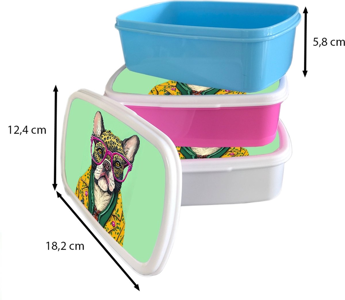 Broodtrommel Wit - Lunchbox - Brooddoos - Hond - Hippie - Dieren - Bril - 18x12x6 cm - Volwassenen
