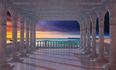 Fotobehang - Vlies Behang - 3D Uitzicht op Zee met Zonsondergang vanaf het Terras met Pilaren - 208 x 146 cm