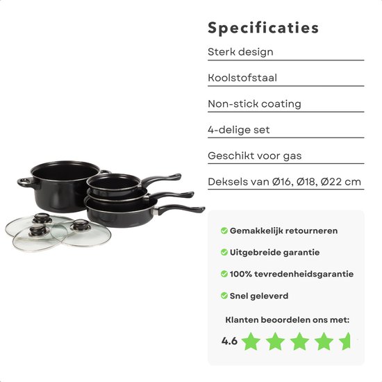 Outdoor Campingpannen Set - 4 stuks - Koolstofstaal - Non-Stick Coating - Geschikt voor Gas - Ideaal voor Kamperen - Campingpan Set - Pannenset — afbeelding 4