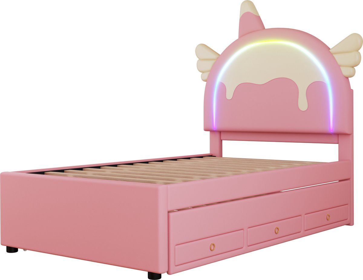 Merax Eenhoorn Kinderbed 90x200 cm - Unicorn Eenpersoonsbed voor Kinderen - Kunstleer Gestoffeerd Bed met extra Uitschuifbaar Bed 90x190 cm Inclusief 3 Bedlades - Roze — cadeau in Cadeau-ideeën - foto 2