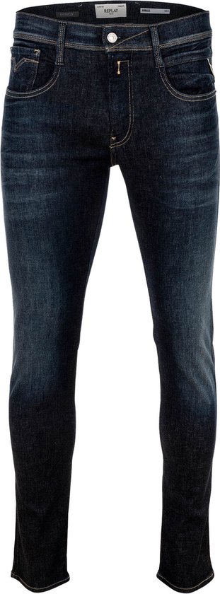 Jeans Replay bleu foncé, coupe ajustée et subtilement délavé.