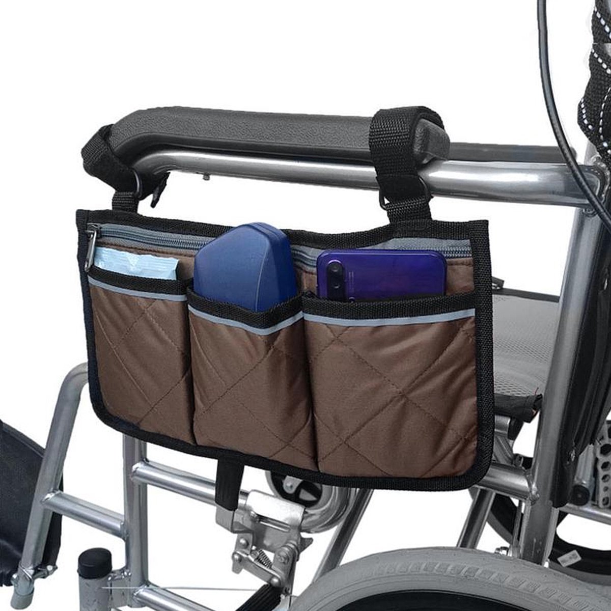 Goedkoopste Allernieuwste.nl® Rolstoel Armsteun Opbergtas - Rolstoeltas met 4 Opbergvakken - 32.5 x 18 cm - Kleur BRUIN