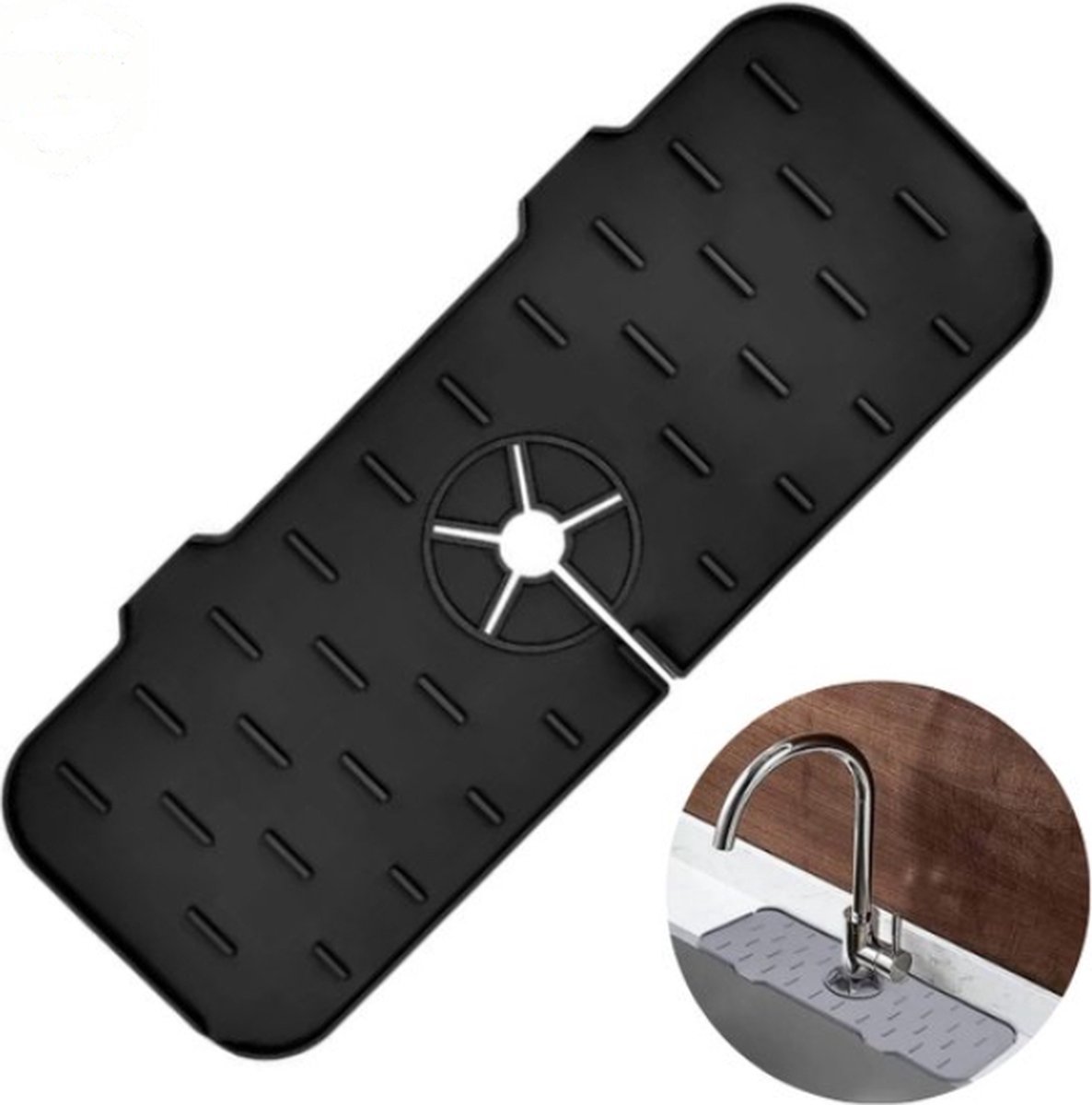 Goedkoopste HSXL - Kraanmat Zwart - Siliconen - 36.5 x 14 cm - Vaatwasbestendig - Streepjes patroon - Afdruipmat voor Kraan / Gootsteen - BPK