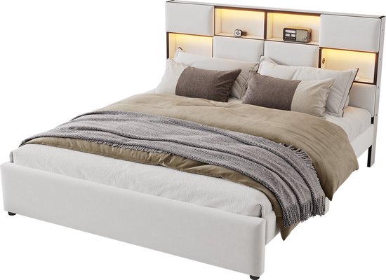 Merax Lit Double Queensize 160x200 cm avec Siècle des Lumières LED Orientable et Connexion USB - Lit avec Compartiments de rangement dans la Tête de Lit - Beige