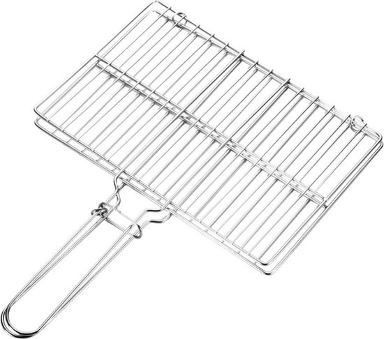 Foto: Roestvrij stalen bbq grillmand voor vis met handvat voor groente steak 30 x 20 cm