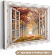 Canvas schilderij 80x60 cm - Wanddecoratie Herfst - Bos - Bomen - Natuur - Doorkijk - Muurdecoratie woonkamer - Slaapkamer decoratie - Kamer accessoires - Schilderijen