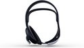 Zwarte gaming headset met witte hoofdband, van de voorkant bekeken.