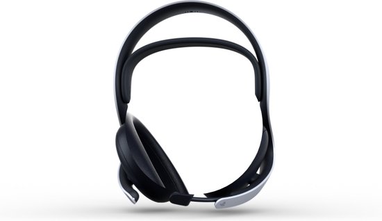 Zwarte gaming headset met witte hoofdband, van de voorkant bekeken.