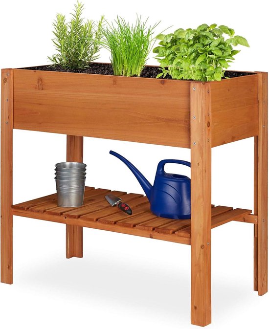 Arebos Houten verhoogd bed met koudframebevestiging en opbergvak | voor tuin, balkon en terras | binnenkant voorzien van beschermvlies | 119 x 53 x 124 cm | plantenbak & bloembak | plantbed