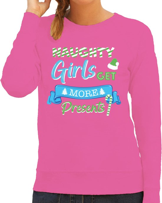 Bellatio Decorations Foute Kersttrui/sweater dames - naughty girls - roze - presents S