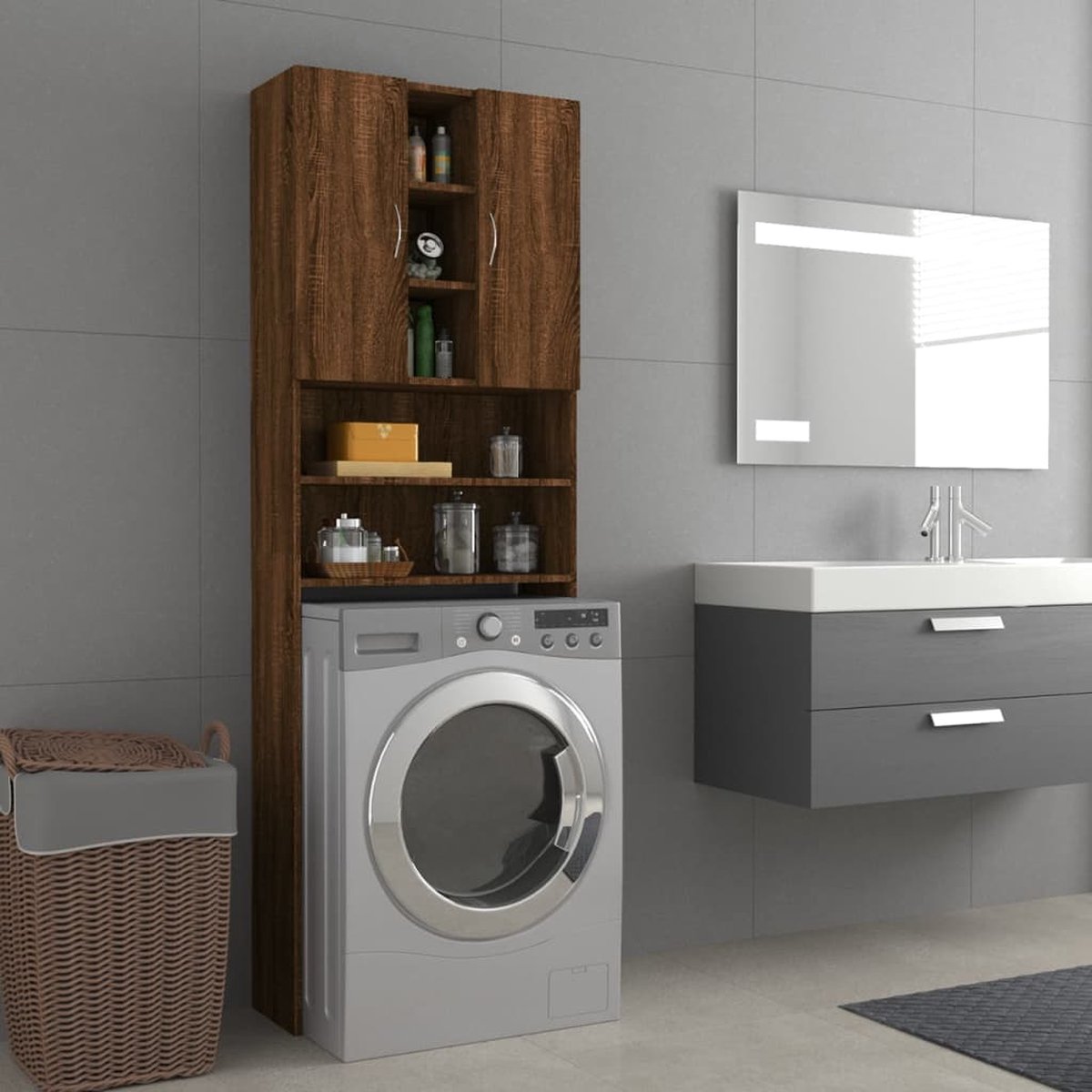 Wasmachine ombouw - Kast - Opbouwmeubel - Verhoger - Wasmachine meubel - Opbergkast - Hout - 64x25,5x190 cm - Bruin Eiken