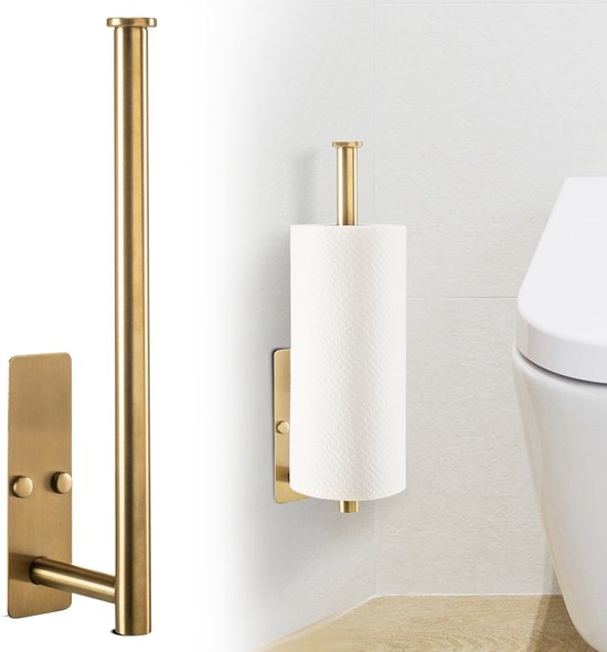 Gouden toiletrolhouder, staand en aan de muur bevestigd met een rol toiletpapier.